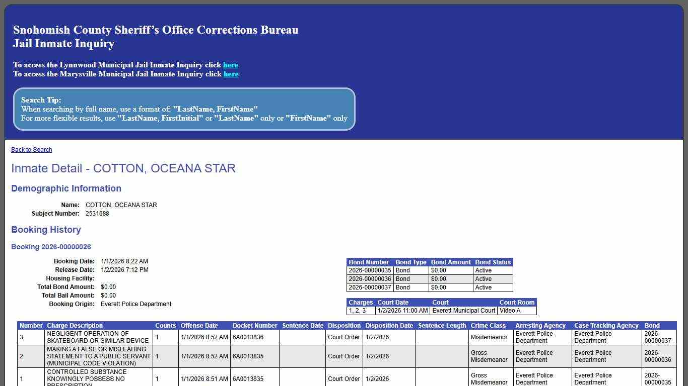 Inmate Detail - COTTON, OCEANA STAR